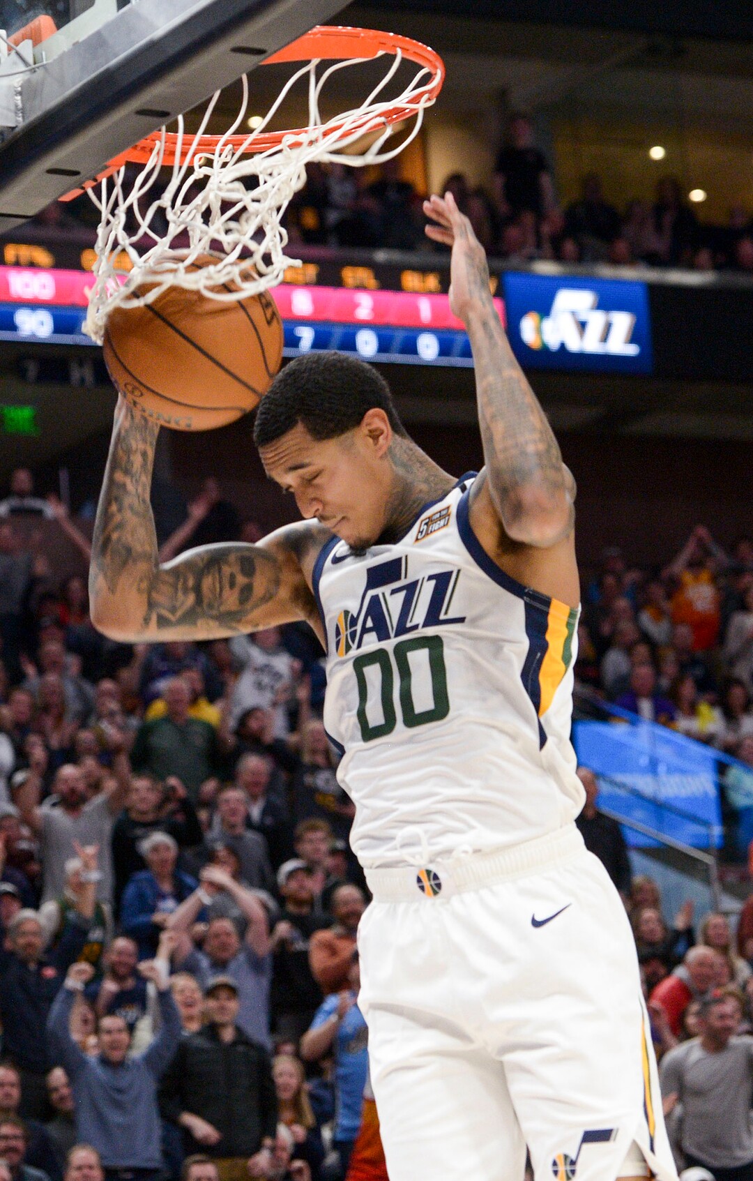 (Leah Hogsten  |  The Salt Lake Tribune)  Utah Jazz guard Jordan Clarkson (00) had 20 points in the first half. The Utah Jazz host the Houston Rockets at Vivint Arena, Feb. 22, 2020.