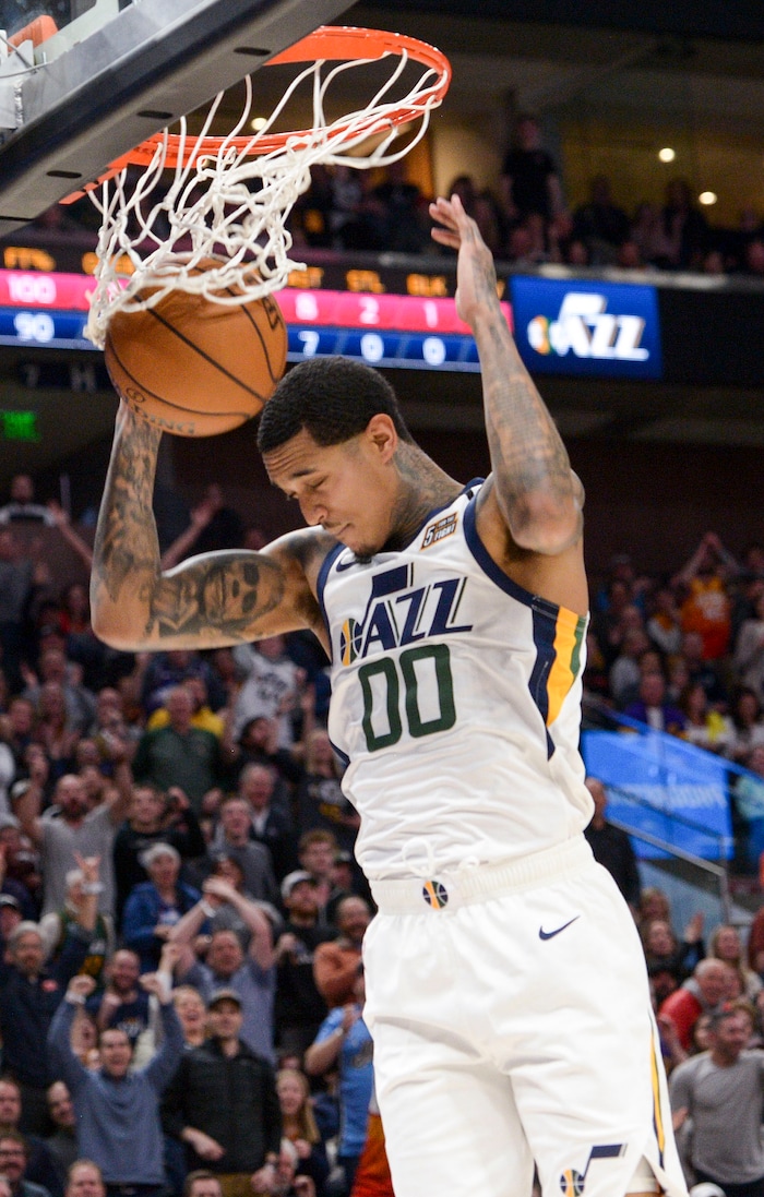 (Leah Hogsten  |  The Salt Lake Tribune)  Utah Jazz guard Jordan Clarkson (00) had 20 points in the first half. The Utah Jazz host the Houston Rockets at Vivint Arena, Feb. 22, 2020.