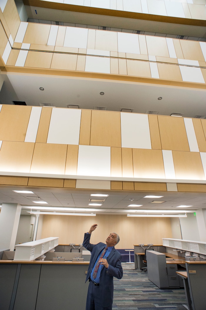 (Rick Egan  |  The Salt Lake Tribune)    Sim Gill, Salt Lake County District Attorney, gives a tour of the second floor of the new Salt Lake County District Attorney building in Salt Lake City, Friday, March 9, 2018.


