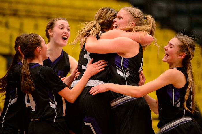 (Trent Nelson | The Salt Lake Tribune)
Lehi vs. Desert Hills, 4A State high school basketball tournament at Utah Valley University in Orem, Thursday March 1, 2018. Lehi's Mikayla Mineer (44) embraces Lehi's Alli Butterfield (3) as the team comes from behind to tie the score going into halftime.