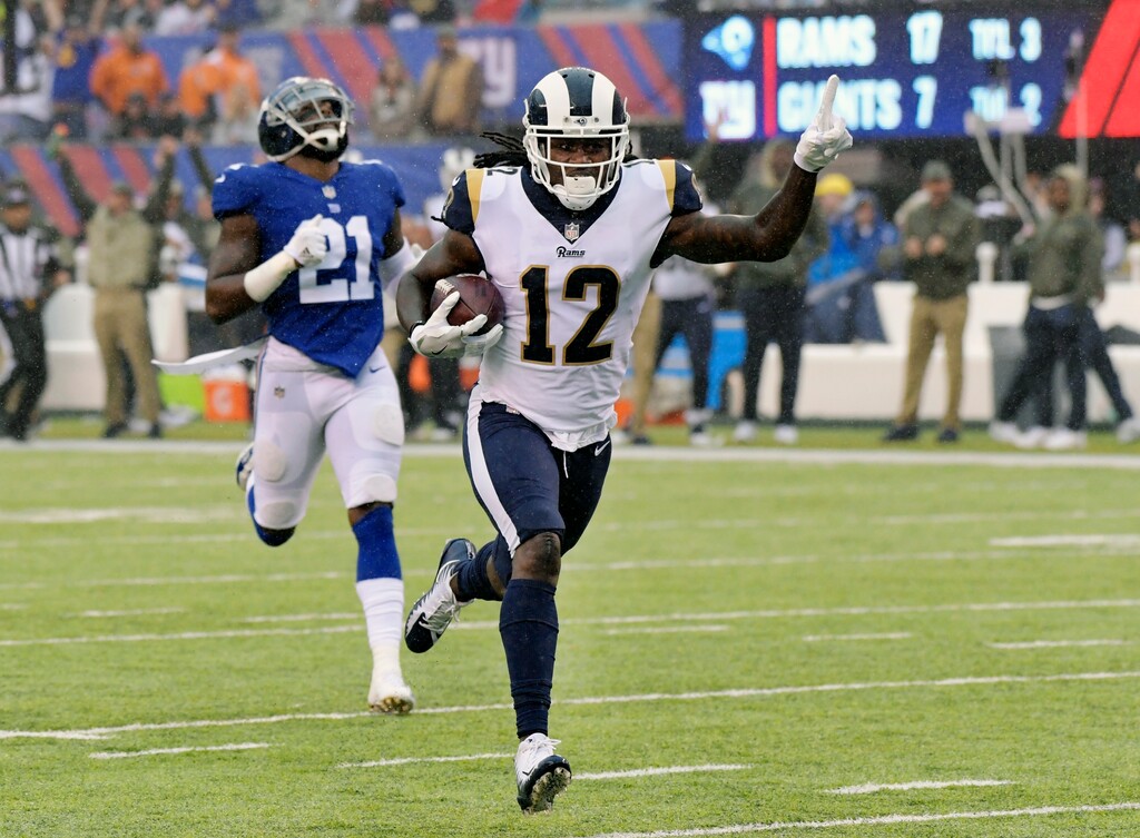 Los Angeles Rams' Sammy Watkins (12) runs from New York Giants' Landon Collins (21) for a touchdown during the first half of an NFL football game Sunday, Nov. 5, 2017, in East Rutherford, N.J. (AP Photo/Bill Kostroun)