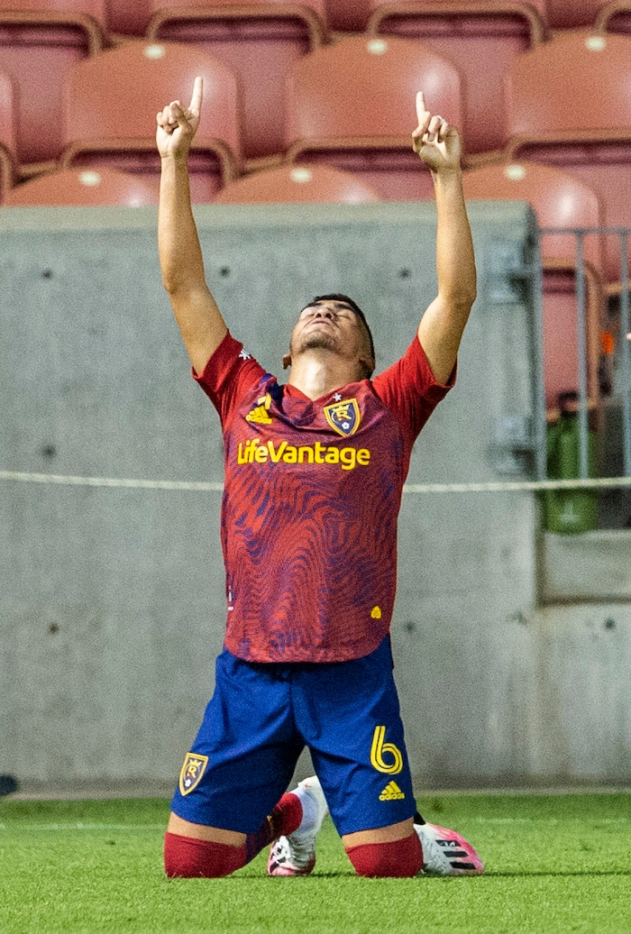 (Rick Egan  |  The Salt Lake Tribune)    Real Salt Lake midfielder Pablo Ruiz (6) celebrates game-tying goal late in the second period, MLS soccer action between Real Salt Lake and the Seattle Sounders, at Rio Tinto Stadium, Wednesday, Sept. 2, 2020.