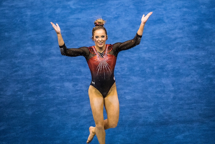 Chris Detrick  |  The Salt Lake Tribune
Utah's Mykayla Skinner competes on the floor during the gymnastics meet against Brigham Young University at the Marriott Center Friday January 13, 2017. 