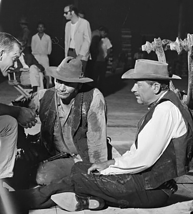 (Bernie Abramson  |  Courtesy of Jeff Slater / Bloomsbury Publishing) Director Sam Peckinpah, left, discusses a scene with Ernest Borgnine, center, and William Holden on the set of "The Wild Bunch."