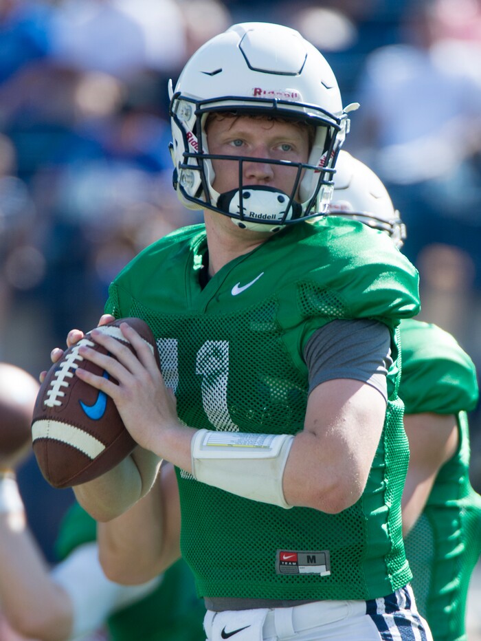 (Rick Egan  |  The Salt Lake Tribune)  Freshman quarterback Joe Critchlow (11) throws the ball, during the BYU scrimmage at Lavell Edwards Stadium, Thursday, August 17, 2017.