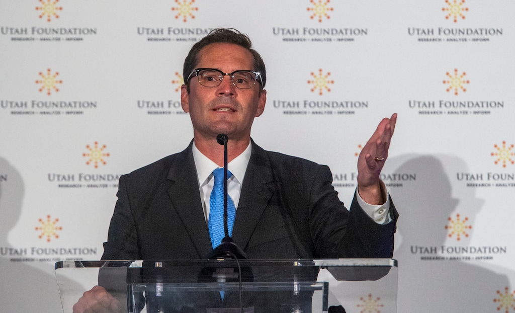 (Rick Egan  |  The Salt Lake Tribune)     Gubernatorial candidate Chris Peterson speaks at the Utah Foundation Anniversary Luncheon at the Grand America Hotel on Thursday, Sept. 17, 2020.
