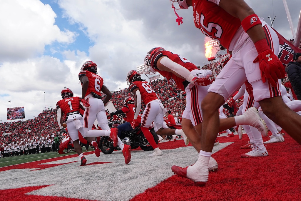 (Francisco Kjolseth  |  The Salt Lake Tribune) Utah takes to the field as the Utah Utes host the Oregon Ducks, NCAA football in Salt Lake City on Saturday, Oct. 28, 2023.