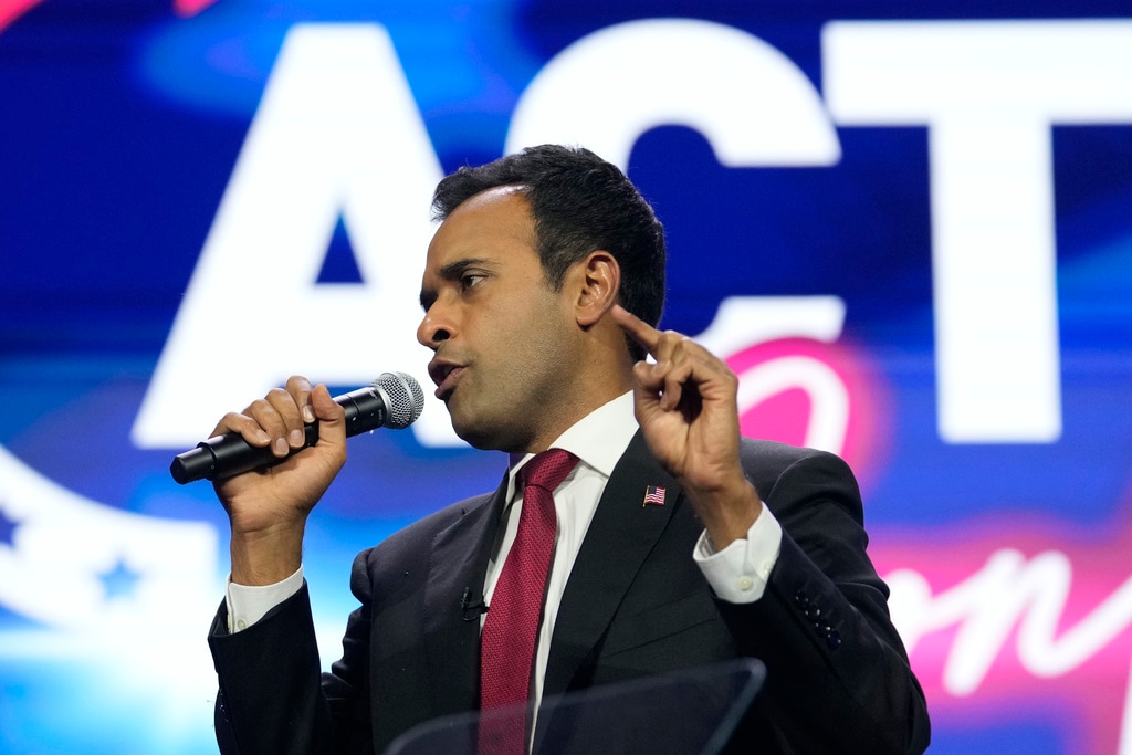 (Lynne Sladky | AP Photo) Republican presidential candidate Vivek Ramaswamy speaks during the Turning Point Action conference, Saturday, July 15, 2023, in West Palm Beach, Fla.