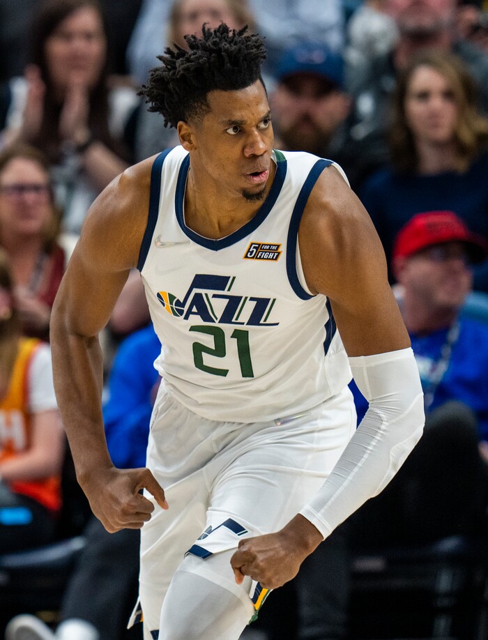 (Rick Egan | The Salt Lake Tribune) Utah Jazz center Hassan Whiteside (21) reacts after a slam-dunk, in NBA action between the Utah Jazz and the Oklahoma City Thunder at Vivint Arena, on Wednesday, April 6, 2022.
