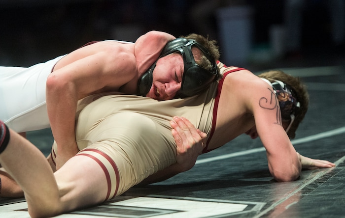 (Rick Egan  |  The Salt Lake Tribune)   Jarett Jorgensen (Morgan) wrestles Kalob Nybo (Juab) in the 120 weight class, in the3A State Wrestling at UVU in Orem, Saturday, February 10, 2018.