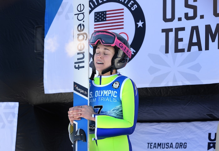 (Scott Sommerdorf   |  The Salt Lake Tribune)   
Sarah Hendrickson reacts after winning the Ladies Ski Jumping Olympic Trials at Park City, Sunday, December 31, 2017.