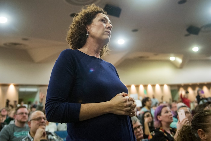 Chris Detrick  |  The Salt Lake Tribune
Teacher Chelsie Acosta listens during the town-hall meeting with U.S. Rep. Jason Chaffetz, R-Utah, in Brighton High School Thursday February 9, 2017. 