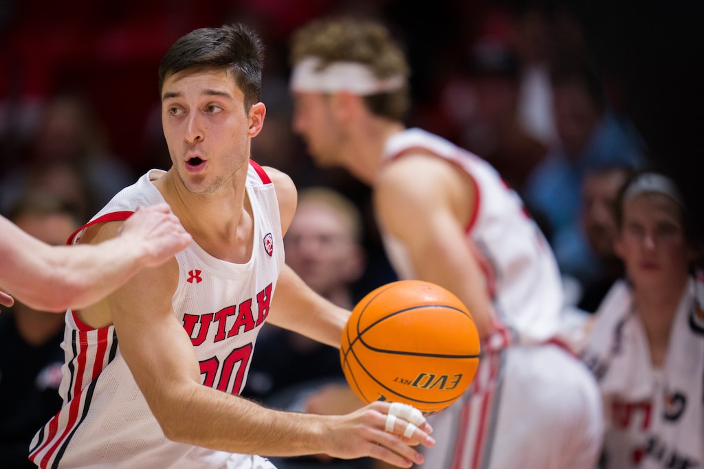 (Trent Nelson  |  The Salt Lake Tribune) Utah Utes guard Lazar Stefanovic (20) as the Utah Utes host the Westminster Griffins, NCAA basketball in Salt Lake City on Thursday, Nov. 4, 2021.