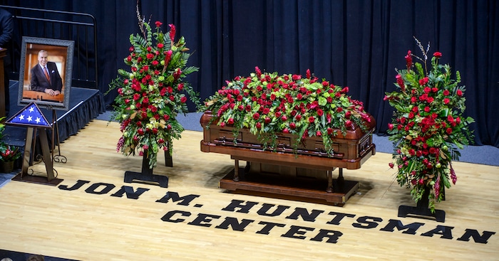 (Steve Griffin  |  The Salt Lake Tribune)  The casket of Jon Huntsman Sr. sits near center court of the Huntsman Center during funeral services on the University of Utah campus in Salt Lake City Saturday February 10, 2018.