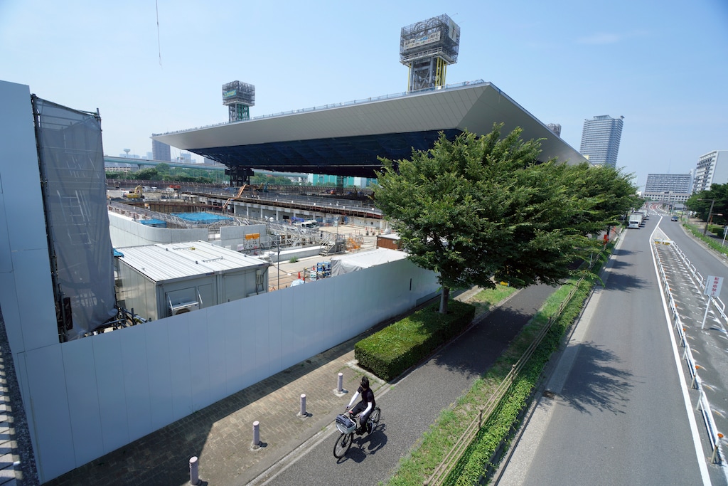 Olympic Aquatics Centre under construction is seen during a media tour to the venues of the Tokyo 2020 Olympics in Tokyo Tuesday, July 17, 2018. Olympic Aquatics Centre will be the venue for aquatics including swimming, diving, and artistic swimming. (AP Photo/Eugene Hoshiko)
