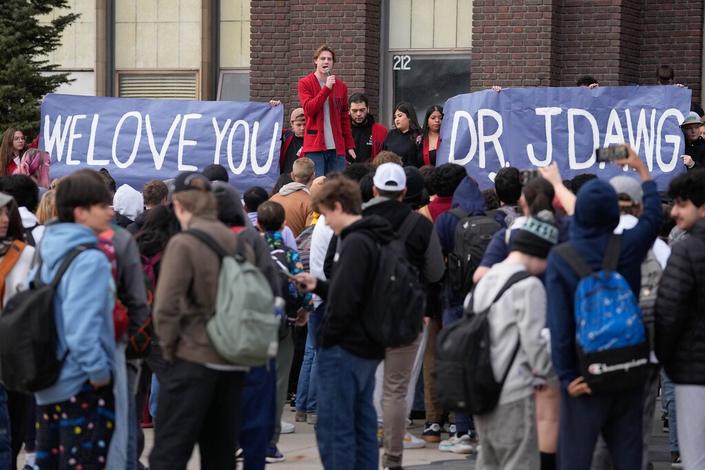 (Francisco Kjolseth  | The Salt Lake Tribune) Asher Lucas, West High School's student body president, joins a school walkout as he expresses his support for Principal Jared Wright, who was recently placed on administrative leave without explanation, Friday, Jan. 17, 2025.
