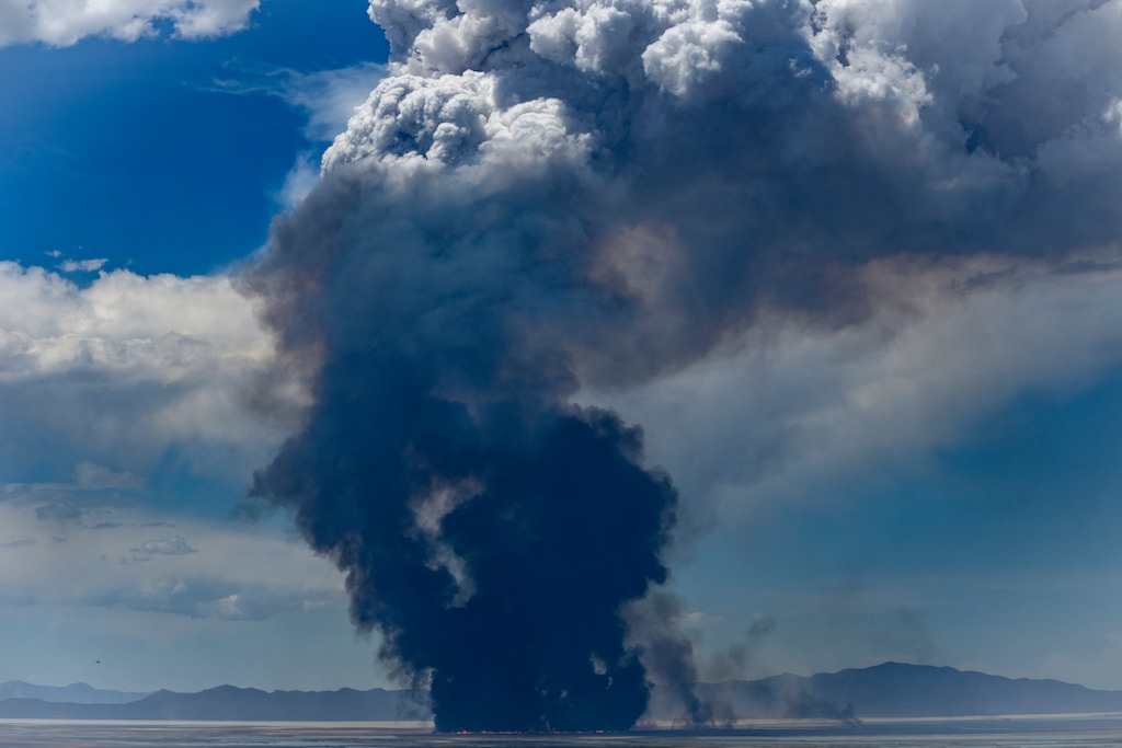 (Rick Egan | The Salt Lake Tribune) Smoke from a prescribed burn on the banks of the Great Salt Lake on Monday, May 25, 2026.