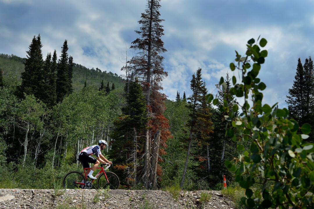 (Scott Sommerdorf   |  The Salt Lake Tribune)   A rider heads up the canyon near the 4 KM to go mark during Stage 3 of the Tour of Utah in Big Cottonwood Canyon, August 2, 2017.  