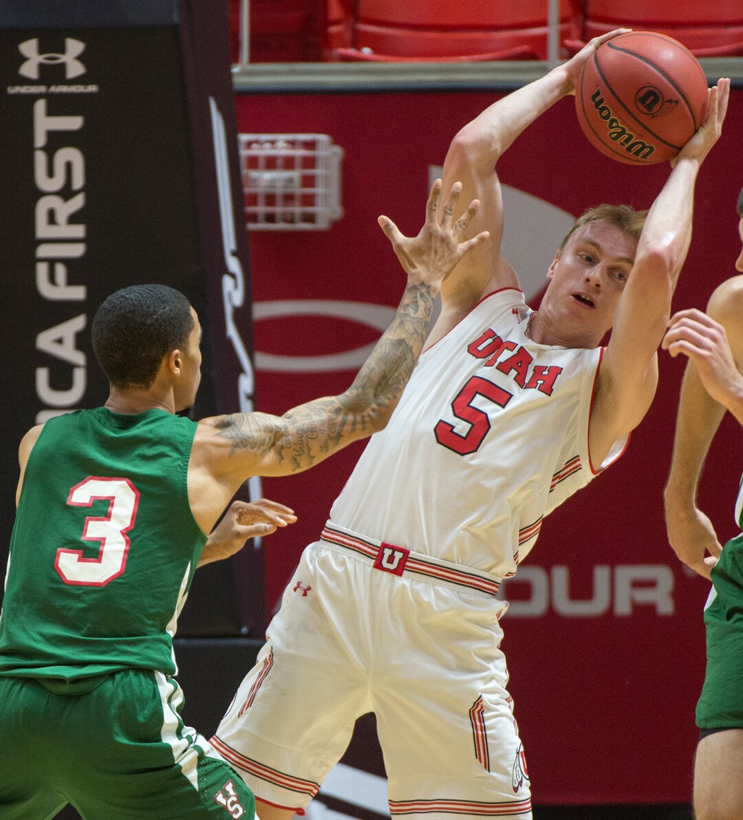 (Rick Egan  |  The Salt Lake Tribune)    Utah Utes guard Parker Van Dyke (5) grabs a reboud as Mississippi Valley State Delta Devils guard Jordan Evans (3) defends, in basketball action between Utah Utes and Mississippi Valley State Delta Devils at the Jon M. Huntsman Center, Thursday, Nov. 15, 2018.