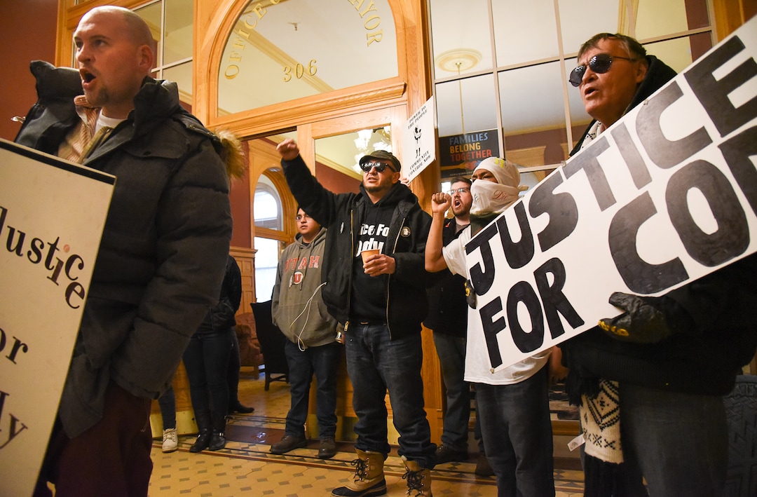 (Francisco Kjolseth  |  The Salt Lake Tribune)  Utah Against Police Brutality and members of Cody BelgardÕs family, including his brothers and father Mike Belgard, at right, gather at the office of Mayor Jackie Biskupski on Thursday, Jan. 10, 2019, in hopes of meeting with the mayor regarding the shooting. For weeks, the family of Cody Belgard has asked to meet with Mayor Biskupski to discuss his shooting by SLCPD, to no avail.