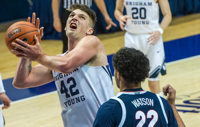 (Rick Egan | The Salt Lake Tribune)  Brigham Young Cougars center Richard Harward (42)looks for a shot, as Gonzaga Bulldogs forward Anton Watson (22) defends, in West Coast Conference Basketball action between the Brigham Young Cougars and the Gonzaga Bulldogs at the Marriott Center in Provo, on Monday, Feb. 8, 2021.