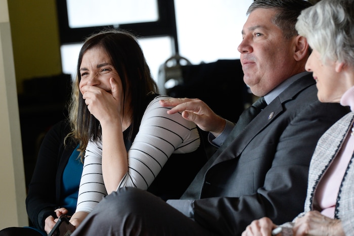 (Francisco Kjolseth | The Salt Lake Tribune) Michelle Densley, mother of three, becomes emotional as her story of courage and the pain of enduring an abusive husband is relayed by Gov. Gary Herbert during an event at the YWCA Center for Women & Families in Salt Lake where the governor and champion for the homeless Pamela Atkinson were encouraging people to donate to the Pamela Atkinson Homeless Trust Fund on their taxes.