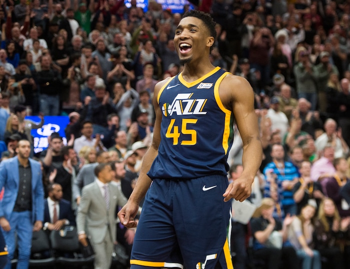(Rick Egan  |  The Salt Lake Tribune)   Utah Jazz guard Donovan Mitchell (45) celebrates after the Jazz defeated the Cavaliers 104-101, in NBA action Utah Jazz vs Cleveland Cavaliers, in Salt Lake City,  Saturday, December 30, 2017.



