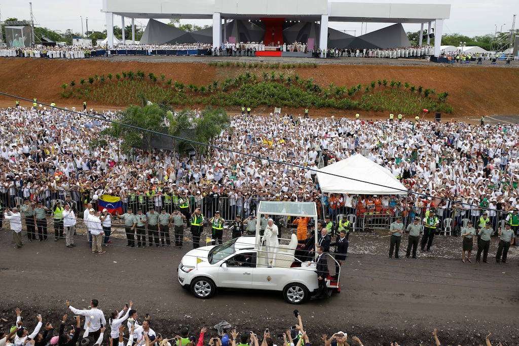 Pope Francis arrives to celebrate Mass in Villavicencio, Colombia, Friday, Sept. 8, 2017. Pope Francis beatified two priests killed during Colombia's years of political violence and guerrilla warfare, declaring them martyrs who died out of hatred for the Catholic faith. (AP Photo/Ricardo Mazalan)