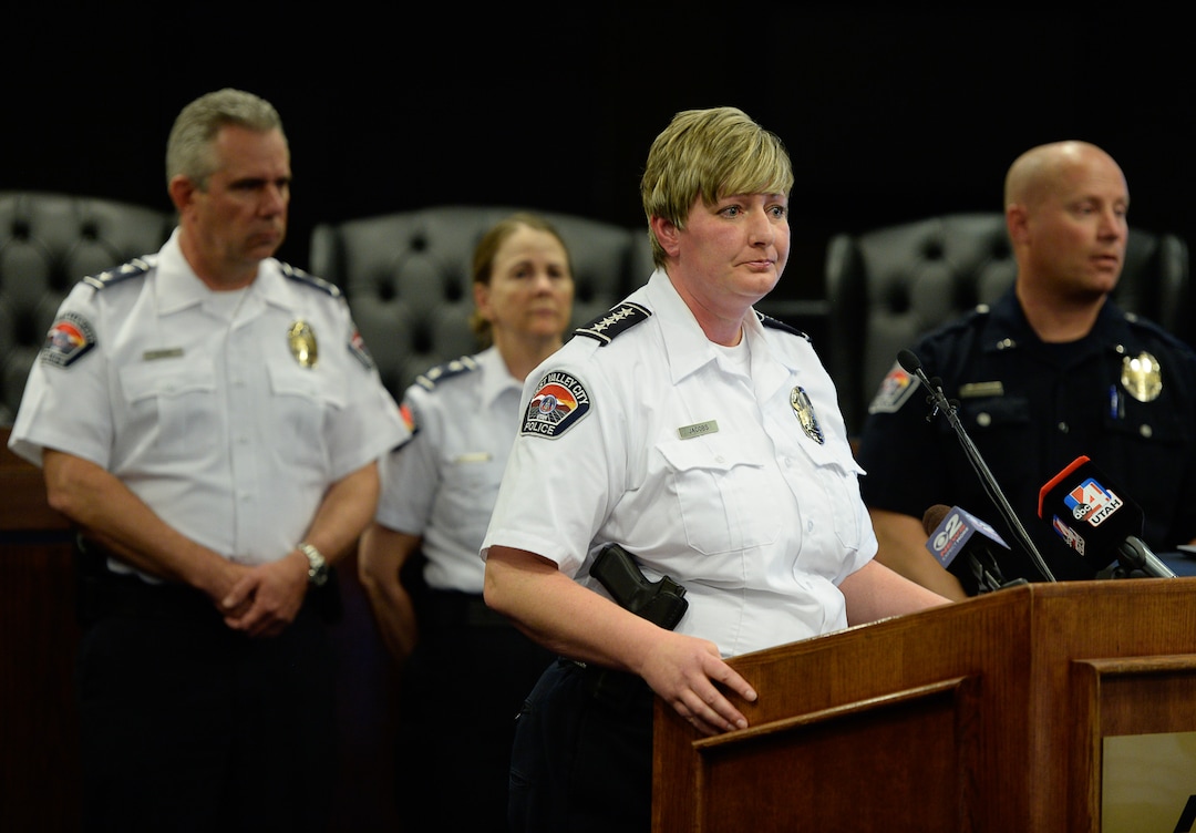 (Francisco Kjolseth  |  The Salt Lake Tribune)  West Valley Police Chief Colleen Jacobs, center right, holds a press conference on Tuesday, Apr. 17, 2018, to release body cam footage of the fatal shooting of 20-year-old Elijah James Smith. On April 8, Smith was shot and killed by West Valley police officers who believed he matched the description of someone officers were looking for after a theft at a cellphone store.