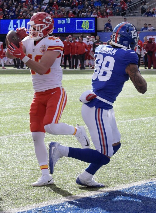 Kansas City Chiefs strong safety Daniel Sorensen (49) intercepts a pass to New York Giants' Evan Engram during the first half of an NFL football game Sunday, Nov. 19, 2017, in East Rutherford, N.J. (AP Photo/Bill Kostroun)