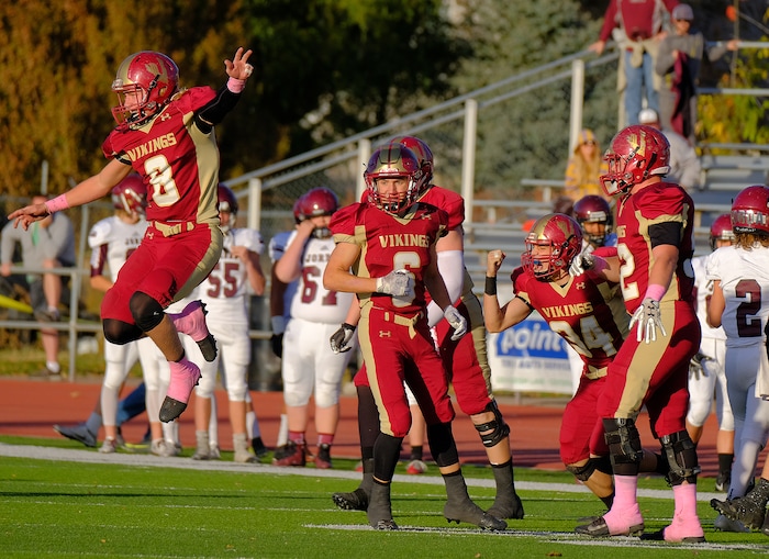 (Leah Hogsten  |  The Salt Lake Tribune) Viewmont's Chris Stubbs and his teammates celebrate picking up a Jordan fumble. Jordan High School boys' football team defeated Viewmont High School 28-20 during their class 5A football playoff opener, Friday, October 27, 2017 in Bountiful.