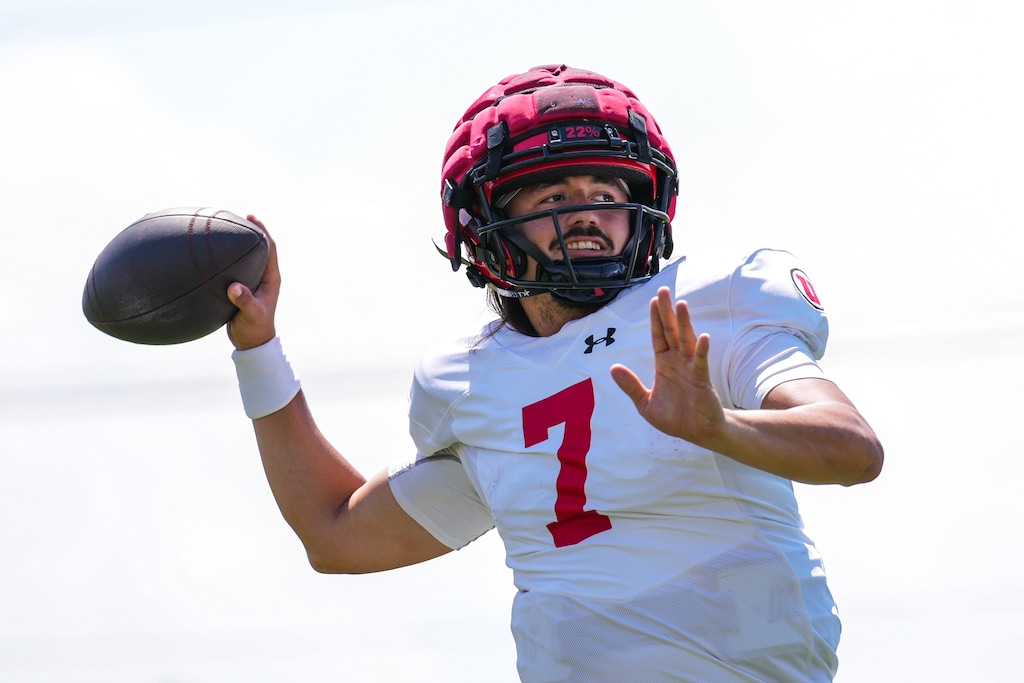 (Eli Rehmer | Utah Athletics) Quarterback Cam Rising participates in Utah football fall practice in Salt Lake City on Tuesday, Aug. 08, 2023.