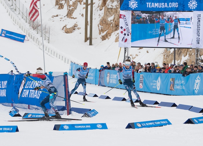 (Scott Sommerdorf   |  The Salt Lake Tribune)   
Bryan Fletcher, center, catches Ben Berend and Jasper Good on this turn on his way to winning the Nordic Combined Olympic Trials in Park City, Saturday, December 30, 2017. Fletcher started out the race with a 1:24 defecit to make up on the leader.
