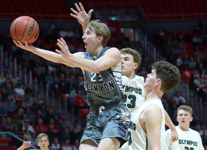 (Leah Hogsten | The Salt Lake Tribune) Corner Canyon's Blake Emery (23) had 12 points. Olympus defeated Corner Canyon 76-49 to win the 5A High School BoysÕ Basketball Tournament Championship at the Jon M. Huntsman Center in Salt Lake City, Saturday, March 3, 2018.