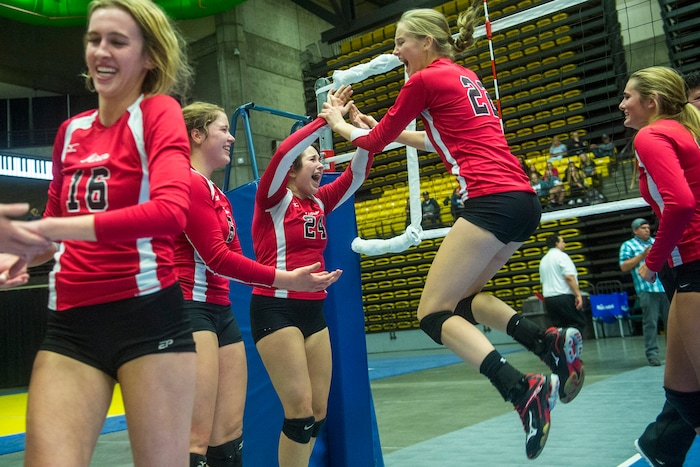 (Chris Detrick  |  The Salt Lake Tribune)  Park City Miners celebrate after winning the 4A volleyball state championships at the UCCU Center at Utah Valley University Thursday, October 26, 2017.  Park City defeated Sky View 3-0.