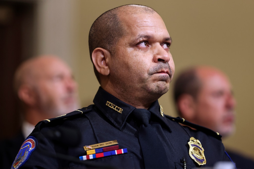 (Oliver Contreras | The New York Times)

U.S. Capitol Police Sgt. Aquilino Gonell becomes emotional as he testifies at the first hearing of the select committee investigating the deadly storming of the Capitol in Washington, on Tuesday, July 27, 2021.