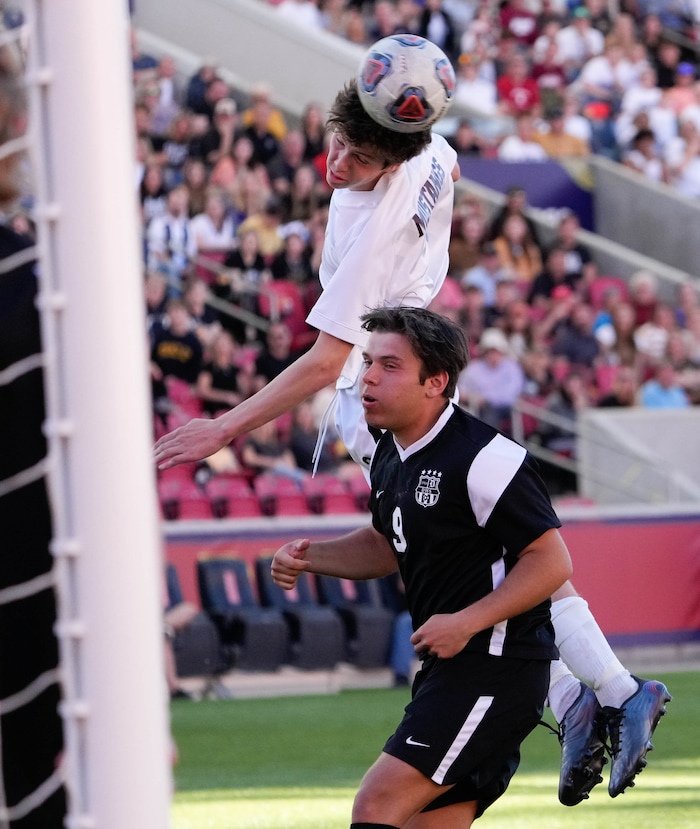 (Francisco Kjolseth | The Salt Lake Tribune) Herriman's Broc Underhill (3) makes a header attempt on goal over Davis's Roderick Sanchez (9) during their 6A State Soccer Championship title game at Rio Tinto Stadium, Wednesday, May 25, 2022. Herriman defeated Davis 1-0 with two seconds left on the clock.
