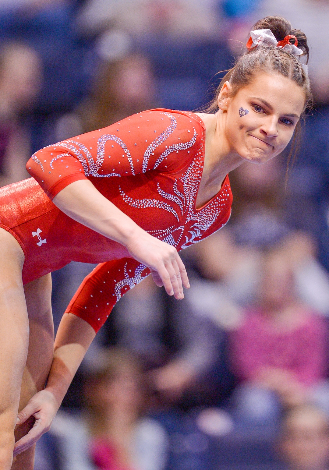Leah Hogsten  |  The Salt Lake Tribune Utah's Missy Reinstadtler reacts to her routine on the beam as No. 3 University of Utah gymnastics team meets BYU gymnastics at the Marriot Center, Jan. 10, 2019.
