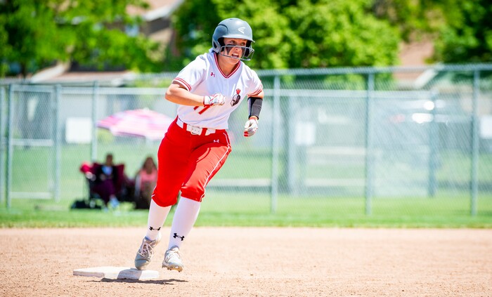 (Isaac Hale | Special to The Tribune) Mountain Ridge third baseman Mylee Milne (17) rounds second base after hitting a home run during the second game of a best-of-three series between the Spanish Fork Lady Dons and the Mountain Ridge Sentinels as part of the 5A state softball championship held at the Spanish Fork Sports Park on Friday, May 28, 2021.