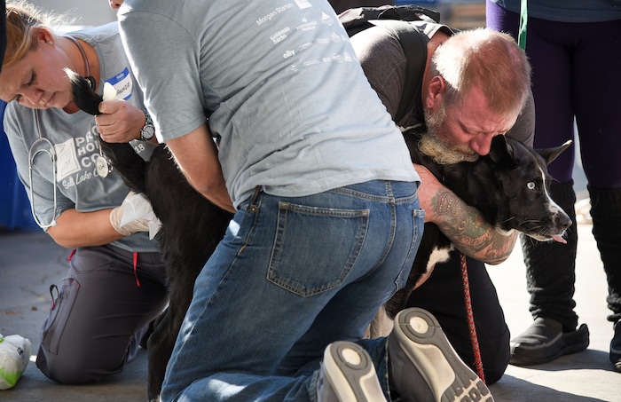 (Francisco Kjolseth  |  The Salt Lake Tribune)  Julian Worthington tries to keep his dog Hippie calm while receiving vaccinations by Dawndee Dillenbeck and other volunteers during Salt Lake CityÕs second annual Project Homeless Connect takes place at the Salt Palace Convention Center on Friday, Oct. 12, 2018.