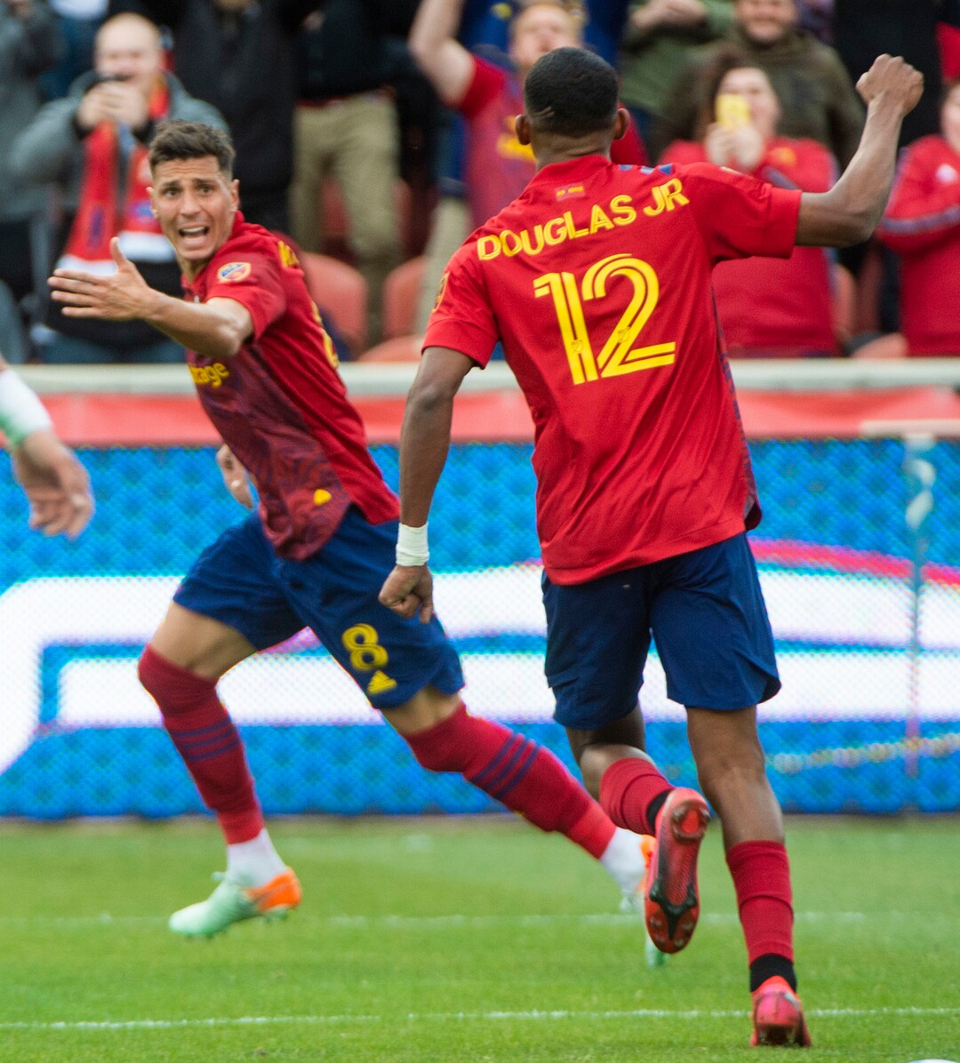 (Rick Egan  |  The Salt Lake Tribune)   Real Salt Lake midfielder Damir Kreilach (8) and Real Salt Lake forward Douglas Martinez (12) celebrate as Real Salt Lake ties the game 1-1 late in the second period, in MLS acton between Real Salt Lake and the New York Red Bulls at Rio Tinto Stadium, Saturday, March 7, 2020.