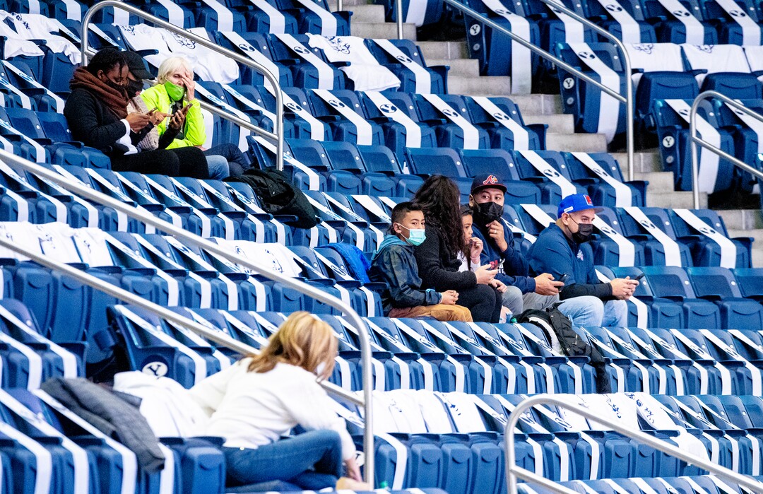 (Isaac Hale | Special to The Tribune) Fans await the start of a game between the BYU Cougars and the Saint Mary’s College of California Gaels held at the Marriott Center in Provo on Saturday, Feb. 27, 2021.