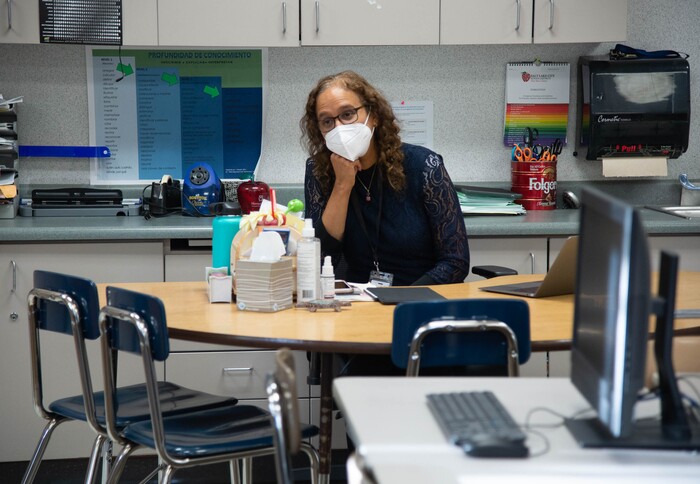 (Francisco Kjolseth | The Salt Lake Tribune) Glenda Woodring, who teaches 4th grade at Jackson Elementary, sees her first day of school online cut short due to the wind storm on Tuesday, Sept. 8, 2020, that left many of hers students unable to log in due to power outages.
