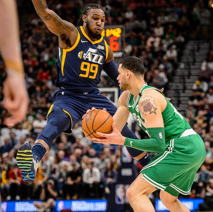 (Trent Nelson | The Salt Lake Tribune)  
Utah Jazz vs. Boston Celtics, NBA basketball in Salt Lake City, Wednesday March 28, 2018. Utah Jazz forward Jae Crowder (99) defending Boston Celtics center Greg Monroe (55).