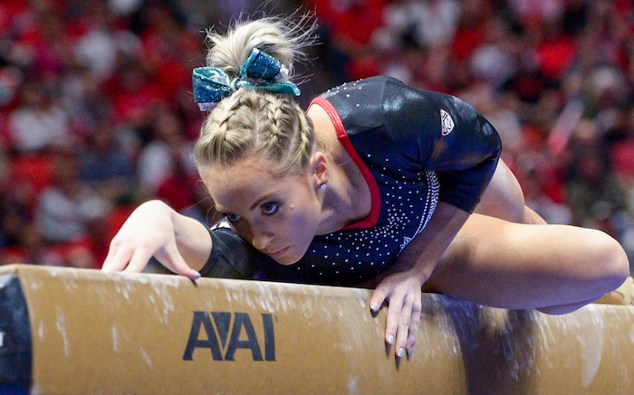 (Leah Hogsten  |  The Salt Lake Tribune) MyKayla Skinner on the beam as the No. 4 Utah gymnasts host No. 20 Georgia in the final regular season meet at Jon M Huntsman Center in Salt Lake City Friday, March 16, 2018. 