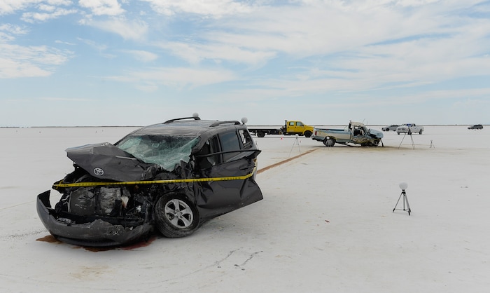 (Francisco Kjolseth | The Salt Lake Tribune) Utah's Bonneville Salt Flats turned deadly on the sidelines of Speed Week following a head-on collision between two vehicles carrying support crew traveling between the pits and the entrance to the salt along the access road on Wednesday, Aug. 16, 2017. One person was killed and five injured, all of whom were said to be members of support crews for racing drivers.