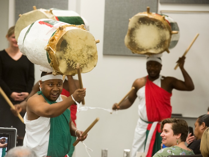(Rick Egan  |  The Salt Lake Tribune)   The Jambo Africa drummers from Burundi, perform at the State of the City address at the Horizonte Instruction and Training Center, Wednesday, January 31, 2018.


