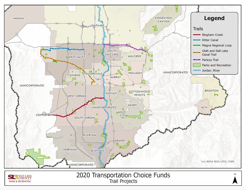 (Salt Lake County Parks and Recreation) A March 2022 map of planned trails on Bingham Creek, Ritter Canal, Magna Regional Loop, Utah and Salt Lake Canal Trail and Parley's trail.