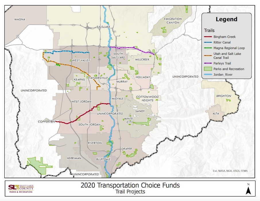 (Salt Lake County Parks and Recreation) A March 2022 map of planned trails on Bingham Creek, Ritter Canal, Magna Regional Loop, Utah and Salt Lake Canal Trail and Parley's trail.