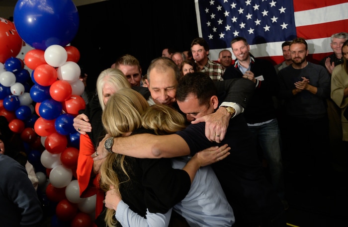 (Francisco Kjolseth  |  The Salt Lake Tribune)  John Curtis, Republican candidate for 3rd Congressional District celebrates his win at the Provo Marriott Hotel & Conference Center Tuesday, Nov. 7, 2017. He will fill the congressional seat recently vacated by Jason Chaffetz.